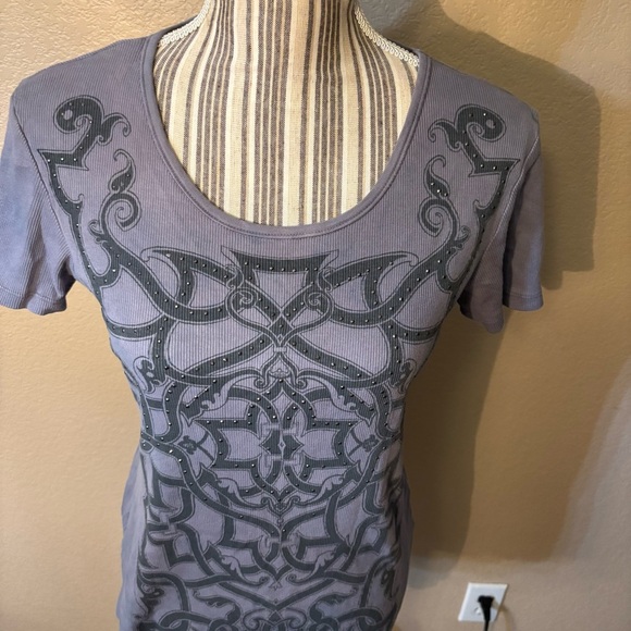 Skinny Minnie Top Large Charcoal Patterned Short-Sleeve Ribbed 100% Cotton Beads - Picture 2 of 14